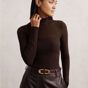 Reiss Sofia Mesh Funnel-Neck Knit Top in Chocolate Brown